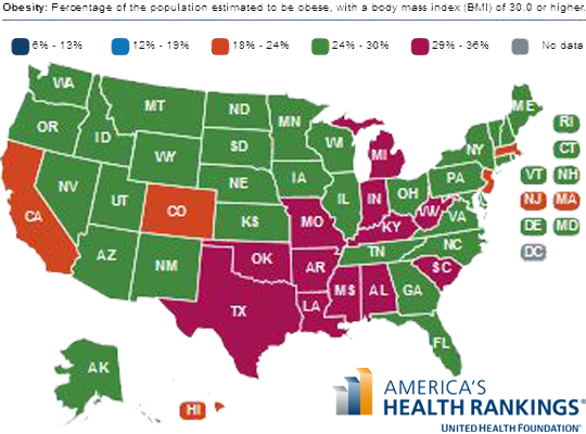 State map of obesity prevalence in 2012