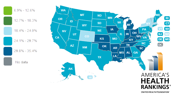 State map of obesity prevalence in 2012