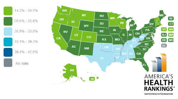 State map of sedentary lifestyle prevalence in 2012