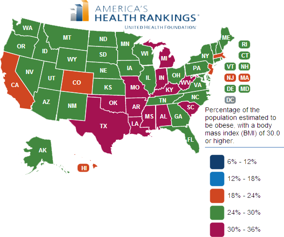 State map of obesity prevalence in 2012