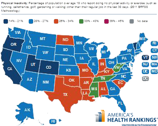State map of sedentary lifestyle prevalence in 2012