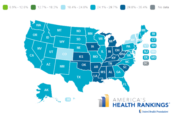 State map of obesity prevalence in 2013